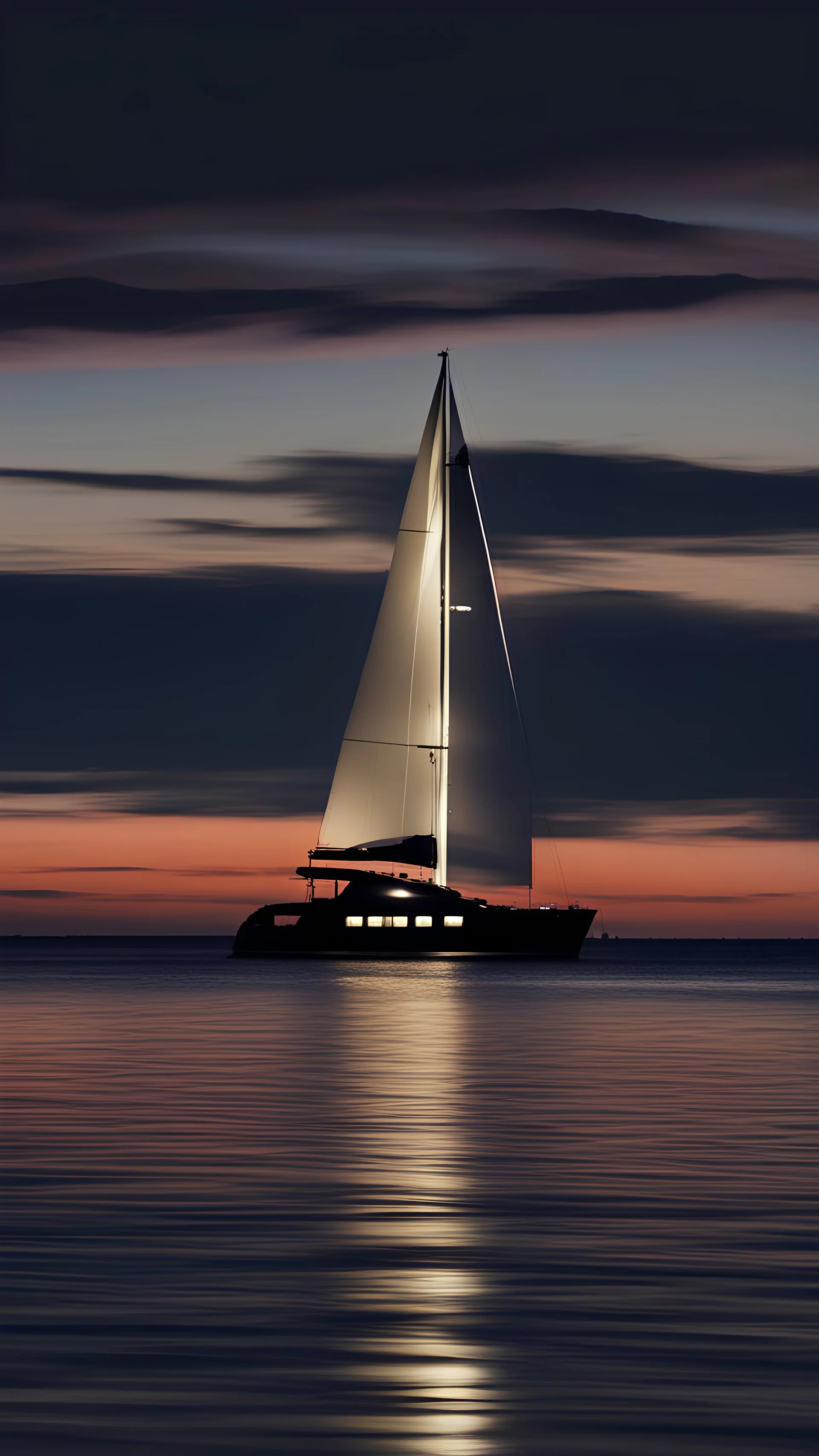 Show a yacht at night in the horizon