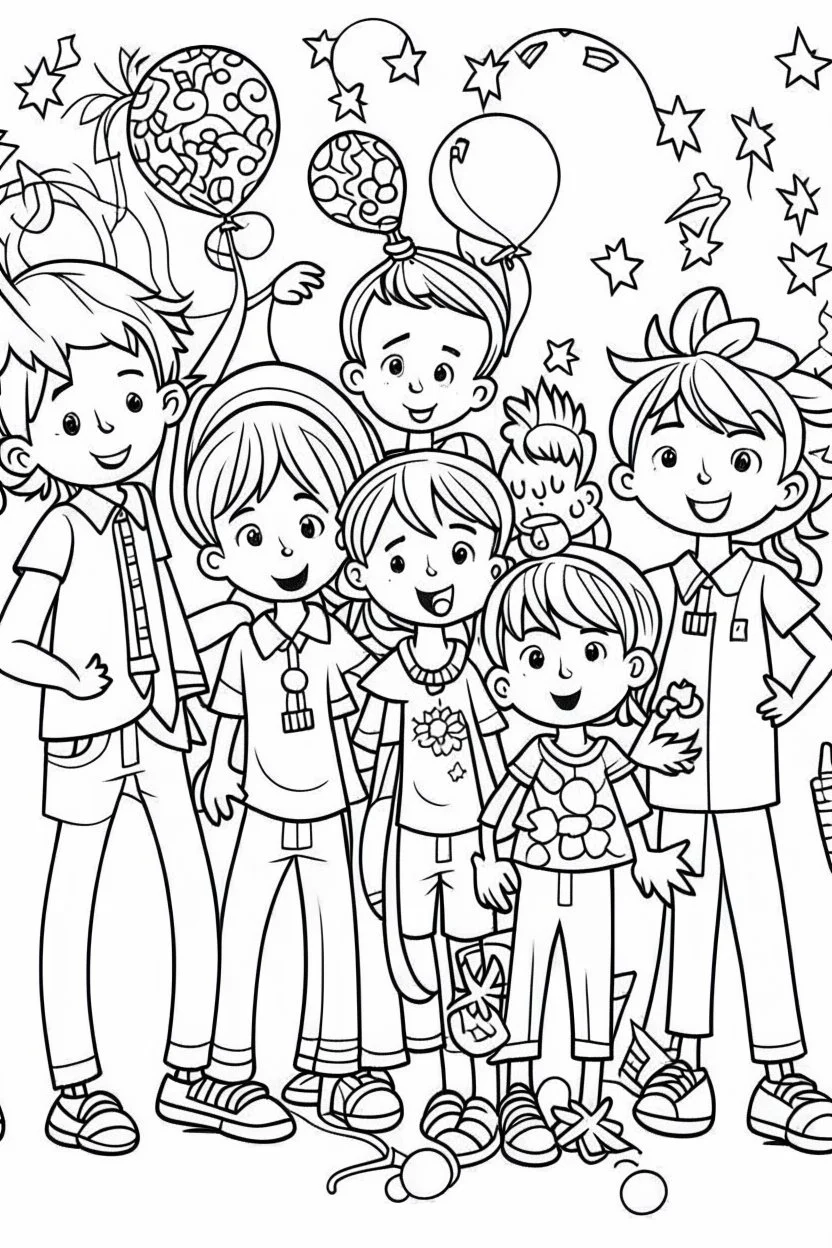 HAPPY NEW YEAR coloring page for kids, HAPPY NEW YEAR CELEBRATION PEOPLE thick outline, low details, no shading, no color