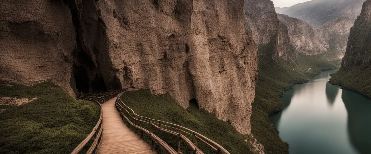 sentier dans la falaise d'un canyon karstique très étroit surplombant une rivière dangereuse