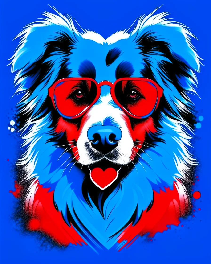 Vibrant, fun t-shirt design of a stylish Australian Shepherd dog with cool sunglasses and relaxed demeanor. The coat is a gradient mix of blue, red and white. The background is a fun red heart-shaped silhouette. The overall design is visually striking and would turn heads on a black t-shirt