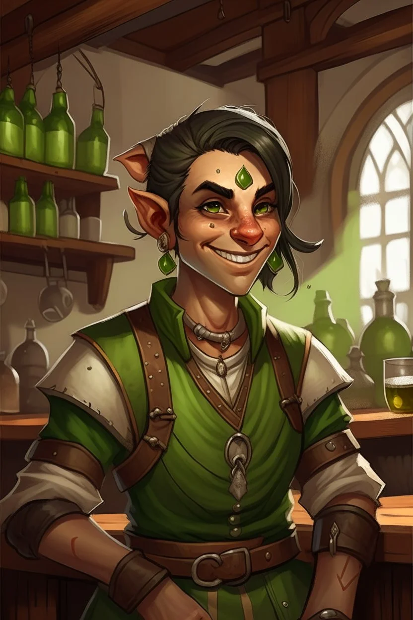 Dungeons and dragons half orc tomboy. She has green skin and pointy ears. She is kind. She had a wide smile. She has short hair. She is strong. She is in a tavern. Realistic style