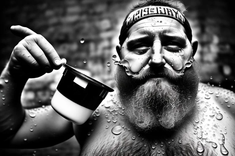 close up photography, dirty burly chubby Italian strong 48 years old homeless man, full of splashing milk in the face dripping on the beard, with dirty tank top, emotional eyes, manly chest, photo, Canon EOS, lens 35mm, natural lights, 8K, in the morning