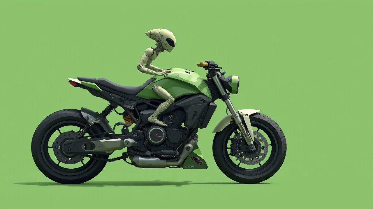 Design an alien-ridden motorcycle with eco-friendly capabilities and a modular aesthetic.