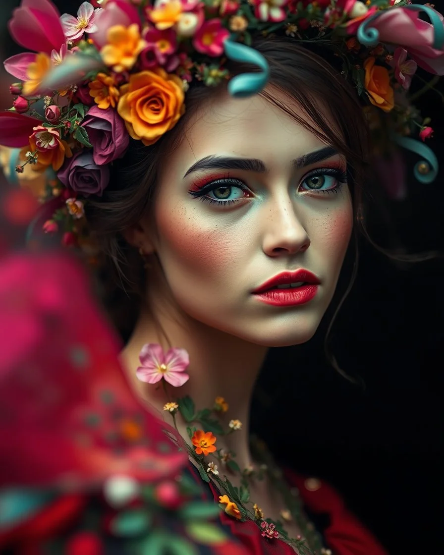 Gorgeous Realistic Photography Camera Lens soft blur Pretty European Supermodel as Beautiful Fairytale, a stunning beautiful women adorned in vibrant carnival attire, ethereal beauty, black background, with swirling colors and fantastical tiny flowers, enchantment and grace, twisted vines, whimsical, surreal landscapes, emotive style, dreamlike quality, and magical realism, carnival red, ethereal pink, whimsical blue, vibrant green, celestial purple, golden amber, and shimmering silver