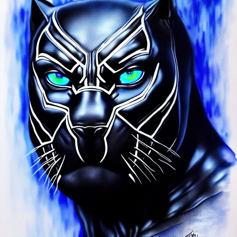 black panther with blue burning eyes, realistic, symmetric, 8k, extremly detailed, wet, rain, portrait