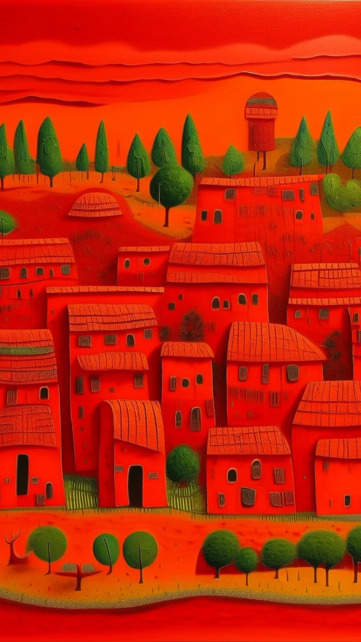 An orangish red spongy village designed in Kuna molas painted by Jeffrey Kolker