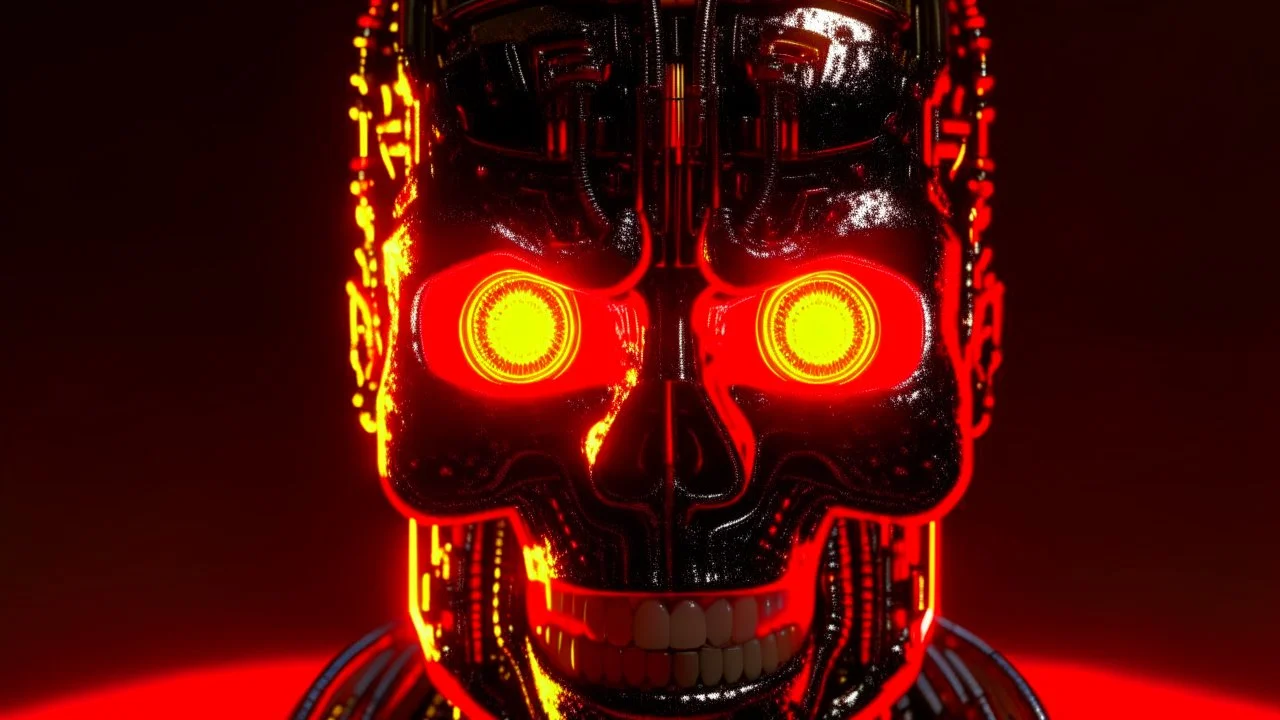 4K, ultra detail, full realism, portrait terminator logo, full face, flames in the background