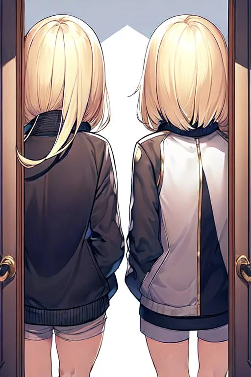 blonde girl whit jacket walk in a corridor, back view, line arts, manga style