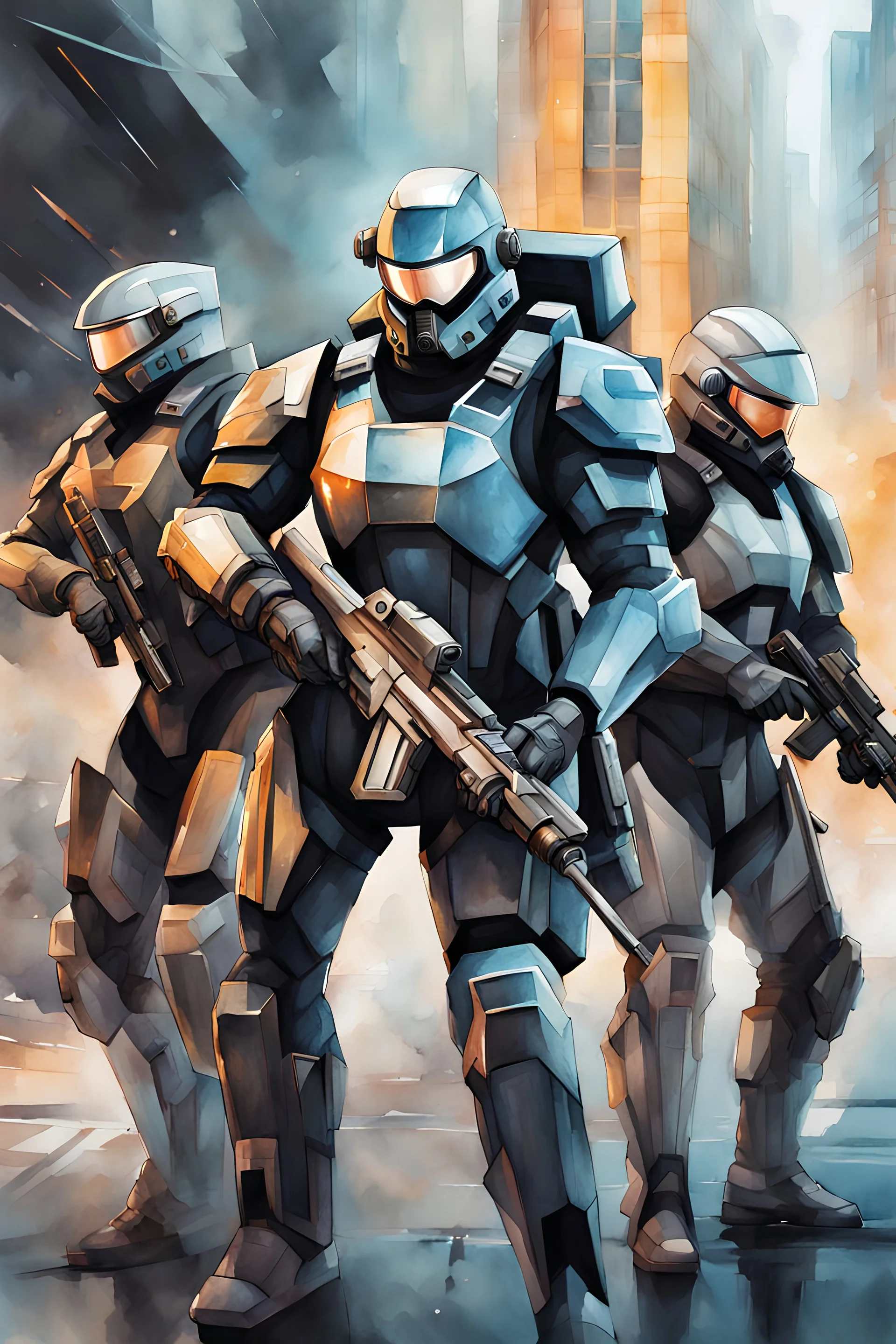 squad of four futuristic soldiers fighting in high tech armor, watercolor style, ultra detailed character, urban background, by Tom "Abbadon" Bloom