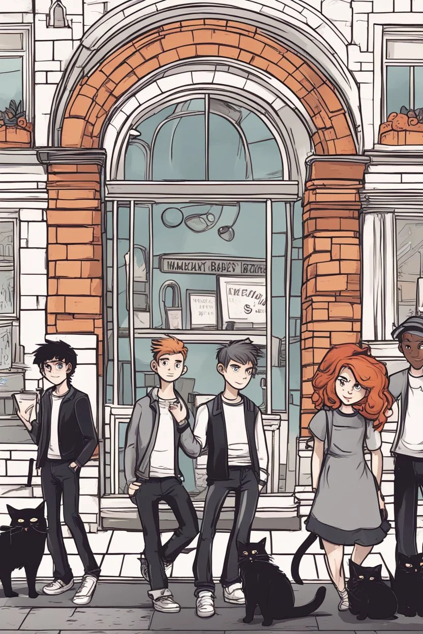 Design a book cover for fantasy criminal story. One teenage girl and two boys are on the town street. Black Cat as a company. The book is for teenagers. Modern style. Bakery in the background