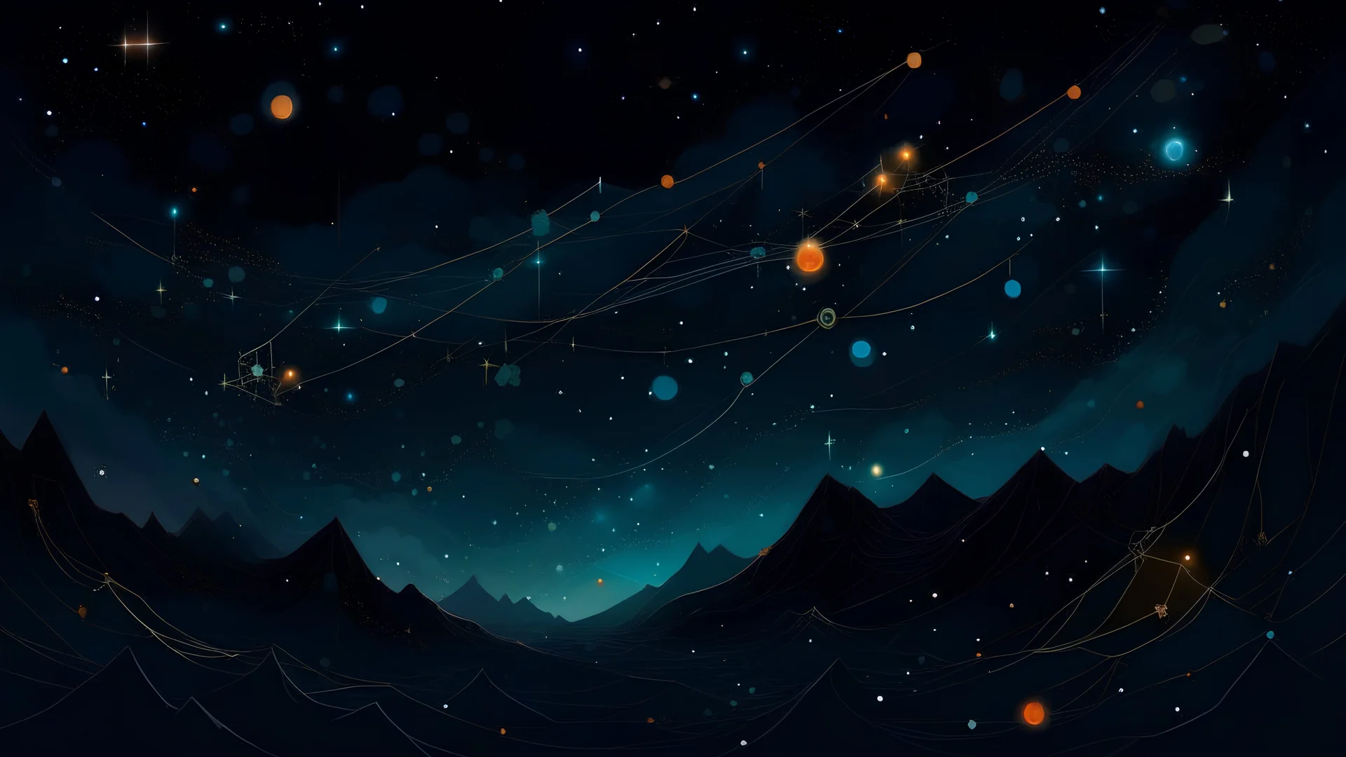 A digital painting in a surrealistic style depicting a constellation formed by random shapes and patterns in the night sky