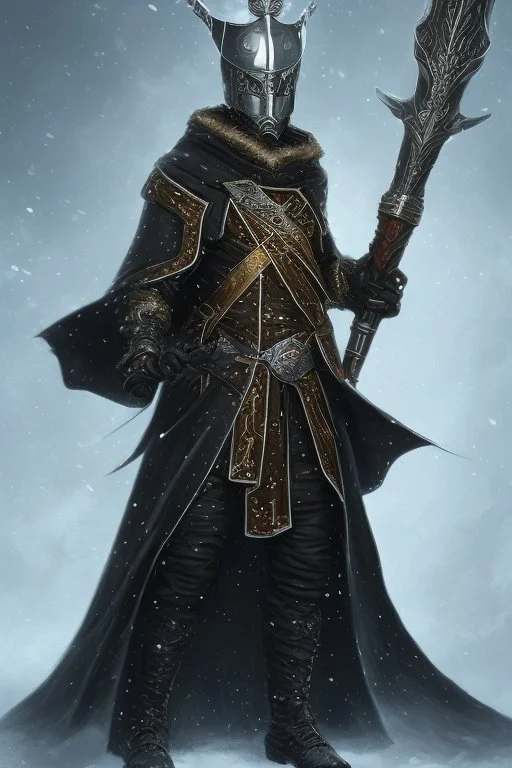 A commander with a black cloak and a long coat with long combat boots and a long spear with his Helmet is golden under his cloak like assasins With a magical power in his hand and a white anklet and boots