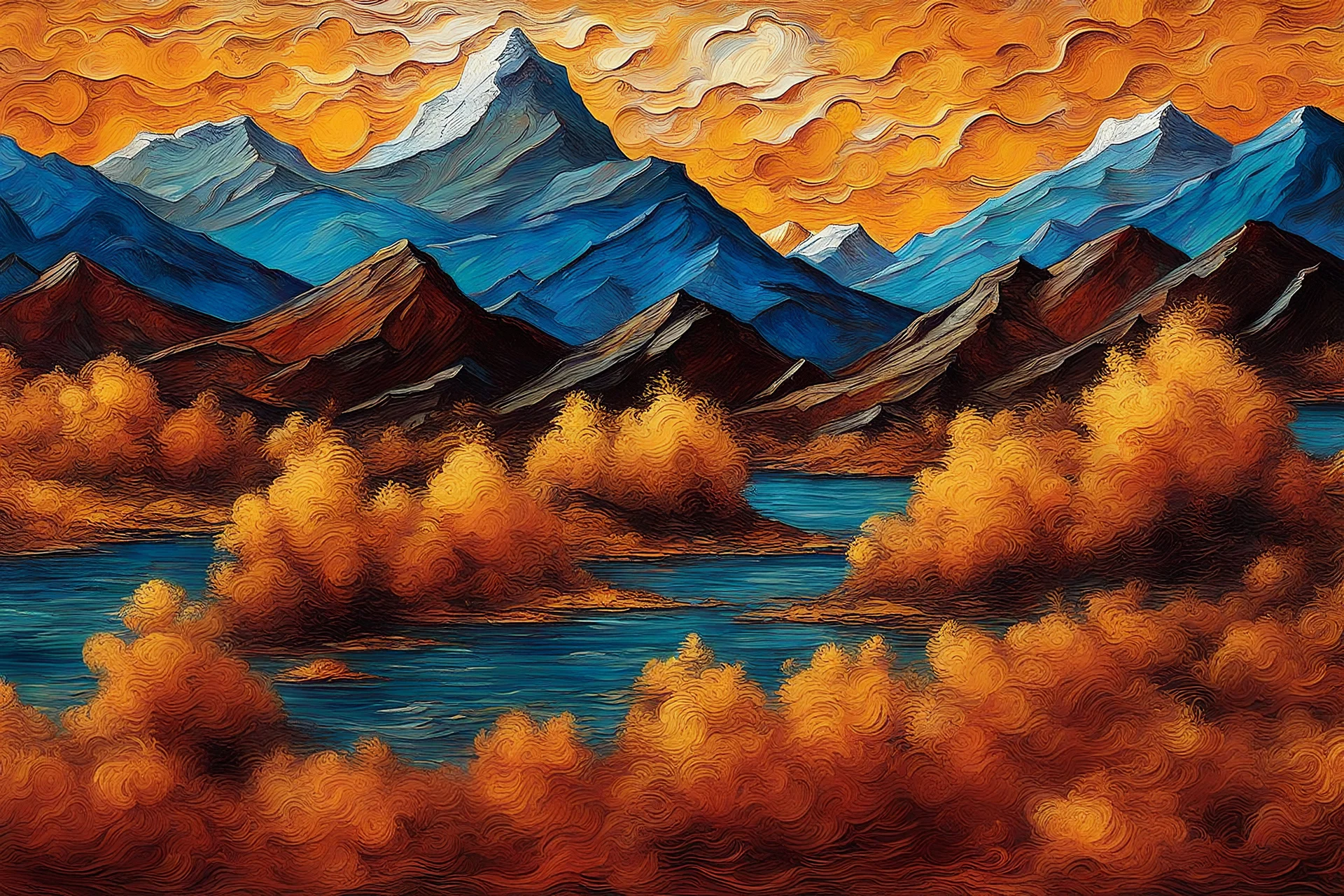 Mountainscape Pattern masterfully detailed, vibrant created with spatulated oil painting techniques, featuring thick, impasto strokes, grunge scratches, and deposit of saturated oil pigments in the style of Van Gogh.