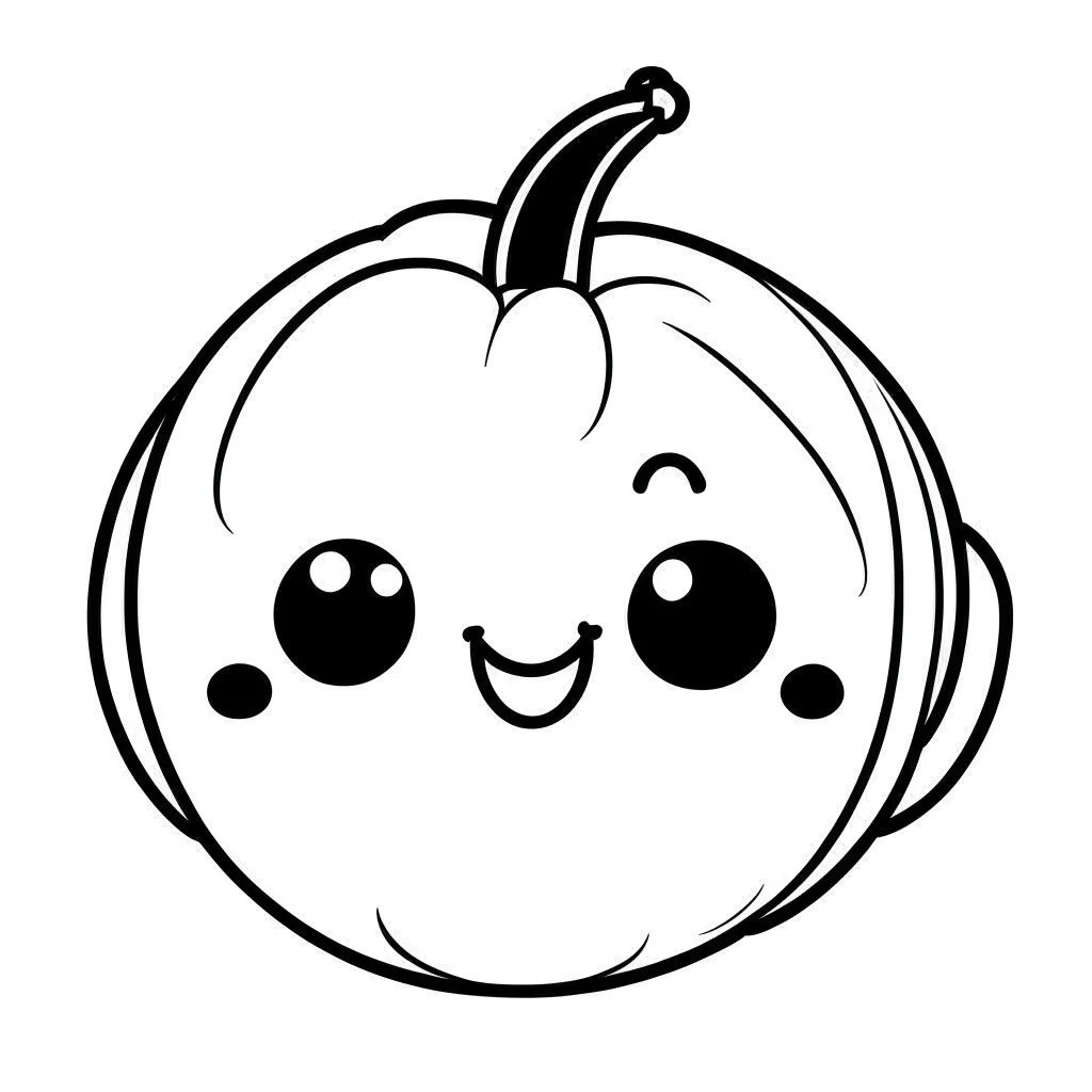 create a 2d black outline, "cute kawaii pumpkin coloring book for kids", coloring page, low details design, black contour, coloring page design, simple background, colorful , card style, coloring page for kids, white background, sketch style,