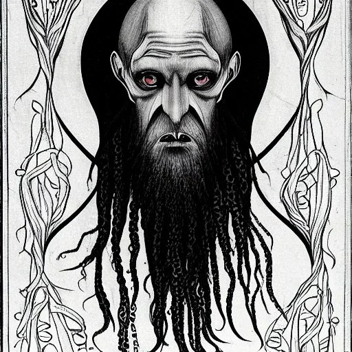 Russian Orthodox nosferatu long beard made of tentacles with long arms and a robe made a human faces