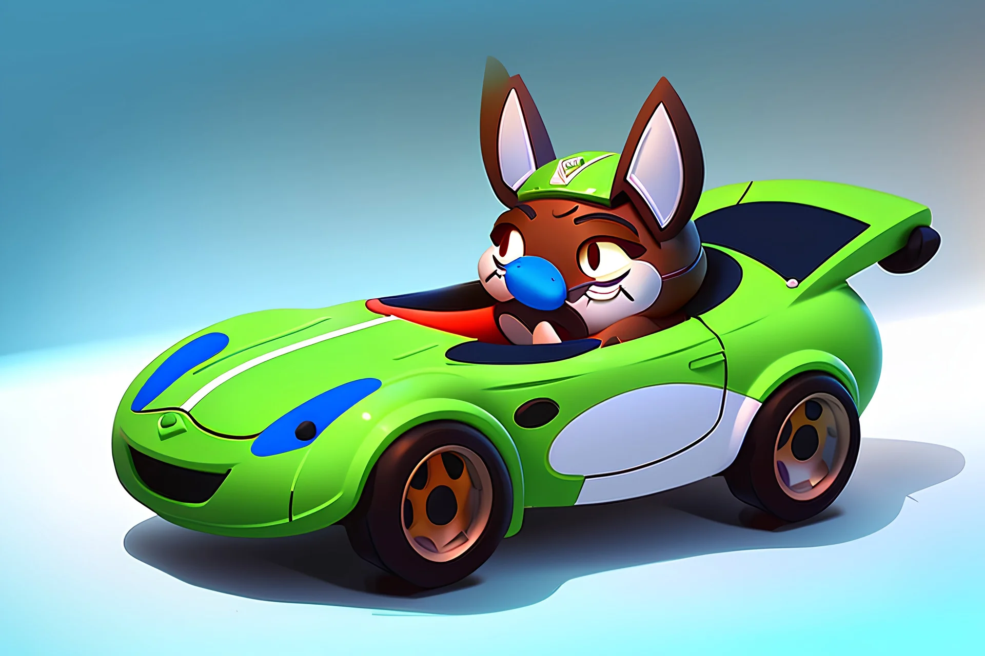 whimsical cartoony sports car, with a small mascot character with a racing helmet on driving it, celshaded comic style, happy atmosphere