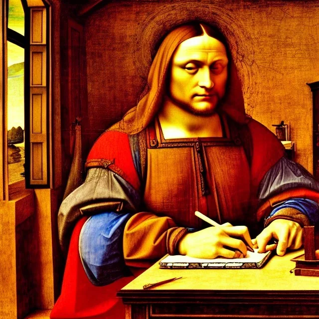 leonardo da vinci works on laptop at his desk. painting in photoshop. hyperdetailed, warm colors, movie poster, oil on canvas,