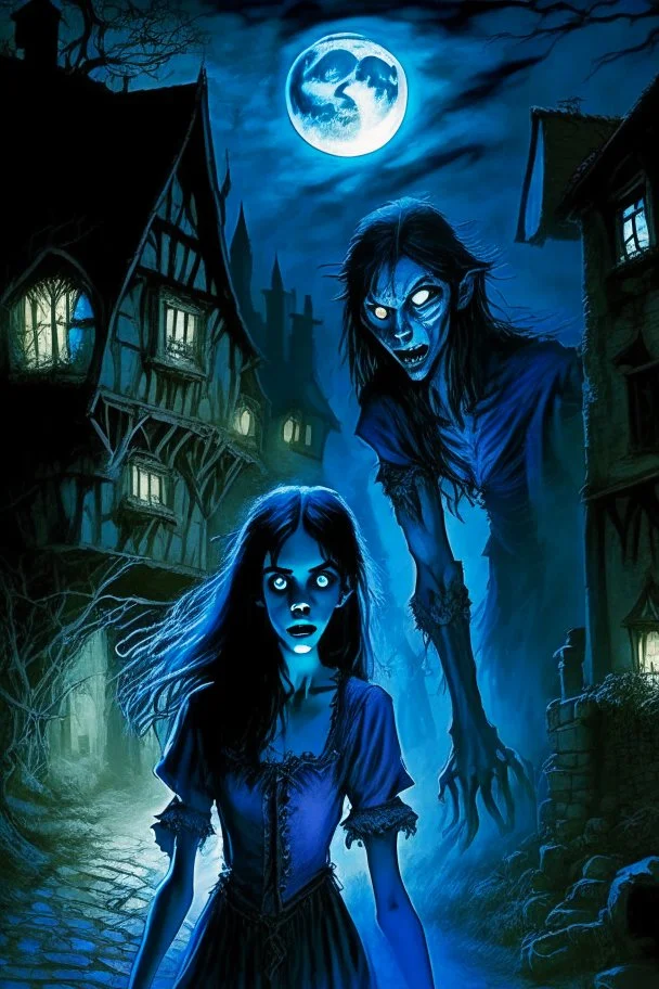 a very thin male glowing blue ghost werewolf lurks through a medieval village at night, looming over a girl with dark hair and pale skin. The girl is wearing goth make-up and is dressed in dark fairy clothing.