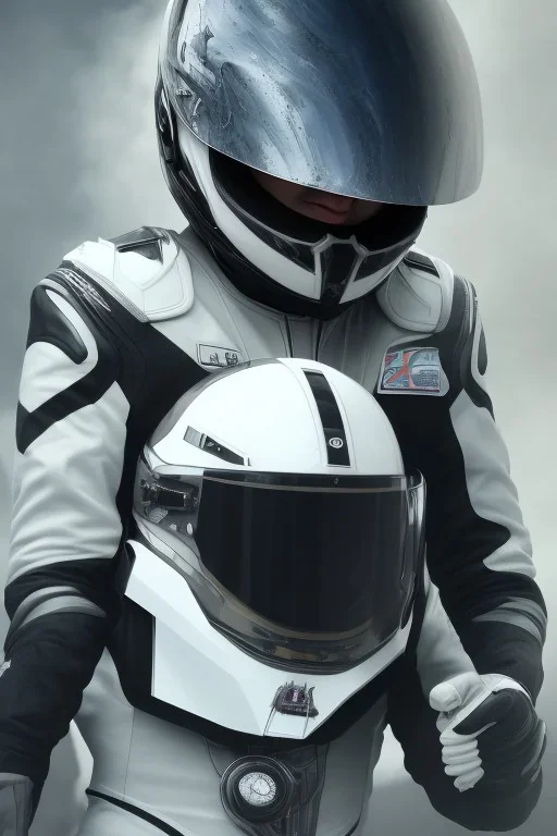 Black racing suit AnnaSophia Robb, portrait, bright white eyes, wearing high tech racing helmet, white smoke, dark, rage, sorrow, high definition, ultra 8 k, volumetric lighting, blue fire, fog