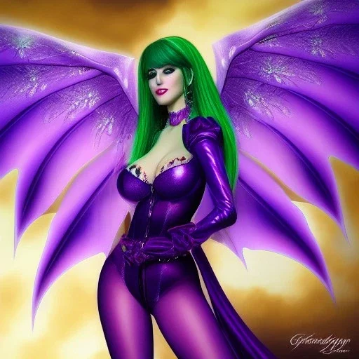 ultra detailed fullbody portrait of beautiful busty Morrigan Aensland, wearing skintight purple costume, extremely detailed digital painting, intrincate, extremely detailed smiling face,crystal clear Big Green eyes, in the style of gabrielle del otto , mystical colors , perfectly centered image, perfect composition, rim light, beautiful lighting,8k, stunning scene, raytracing