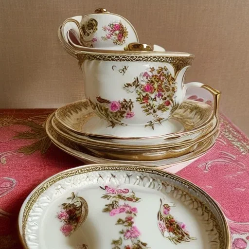 exquisite whimsical tea set in embroidery hoop, intricate, highly detailed, linen and wood backdrop