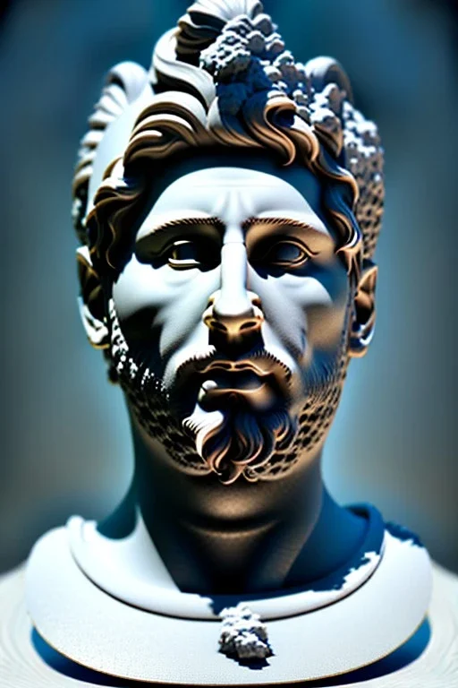 Ultra Realistic image, Roman sculpture, white marble material, Lionel Messi, sun radial crown, chisel style, waist up portrait, epic, celestial, cinematic lighting, God light, god rays, 4k resolution, smooth details, ornate details, soft lighting, unreal engine 5, marble background.