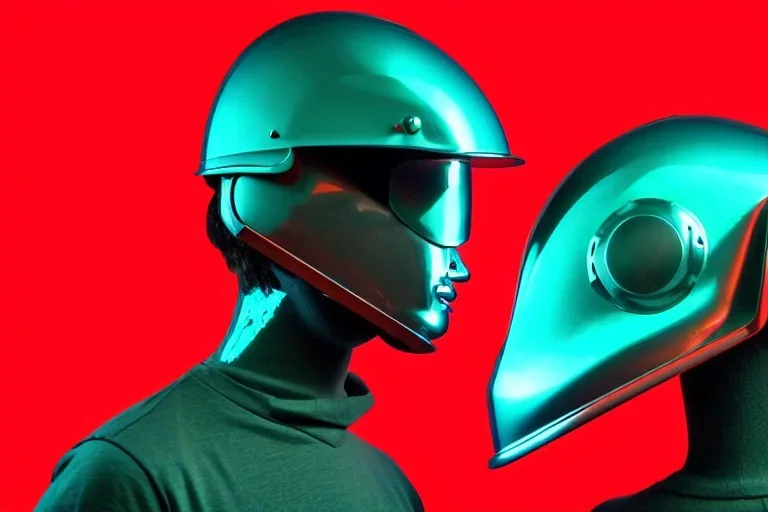 Reflective metal surface helmet. Dark green to cyan body color. Girls with slim body and big butts. Behind. Old-fashioned cameras integrated to heads. Algebraic structure Cyber-punk telephones. Surrealistic, closed eyes. Red&blue 3D-tiling. Dystopia. Partly symmetrical in relation to machines. Perfect golden ratio in vertical and horizontal directions. Deep blue. Hexagonal in 5th dimension. Tessellation in 4-dimensional space. Perspective derived from Group (mathematics)