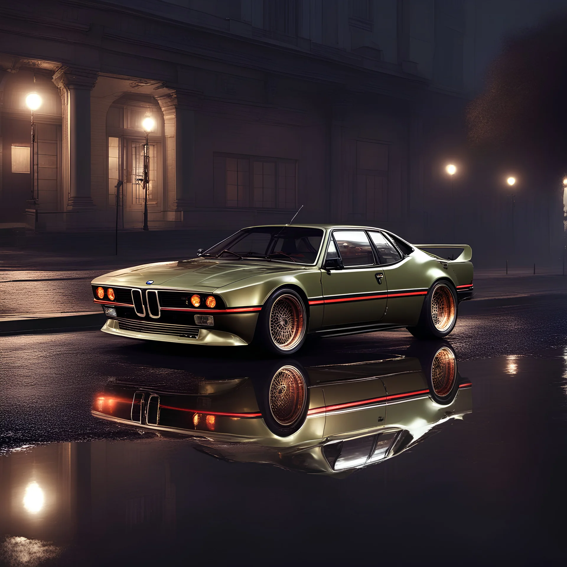 BMW M1 (1978–1981) modern retrofit, with hight speed tunning,rain,reflections,4k,raytracing,night,driving,1940s london background, volumetric lights, rtx, Canon 5d, photorealism, candy, stance works,widebody, hyperreal, selective bloom, dof, thin lines, 8k textures, neon lights from cyberpunk