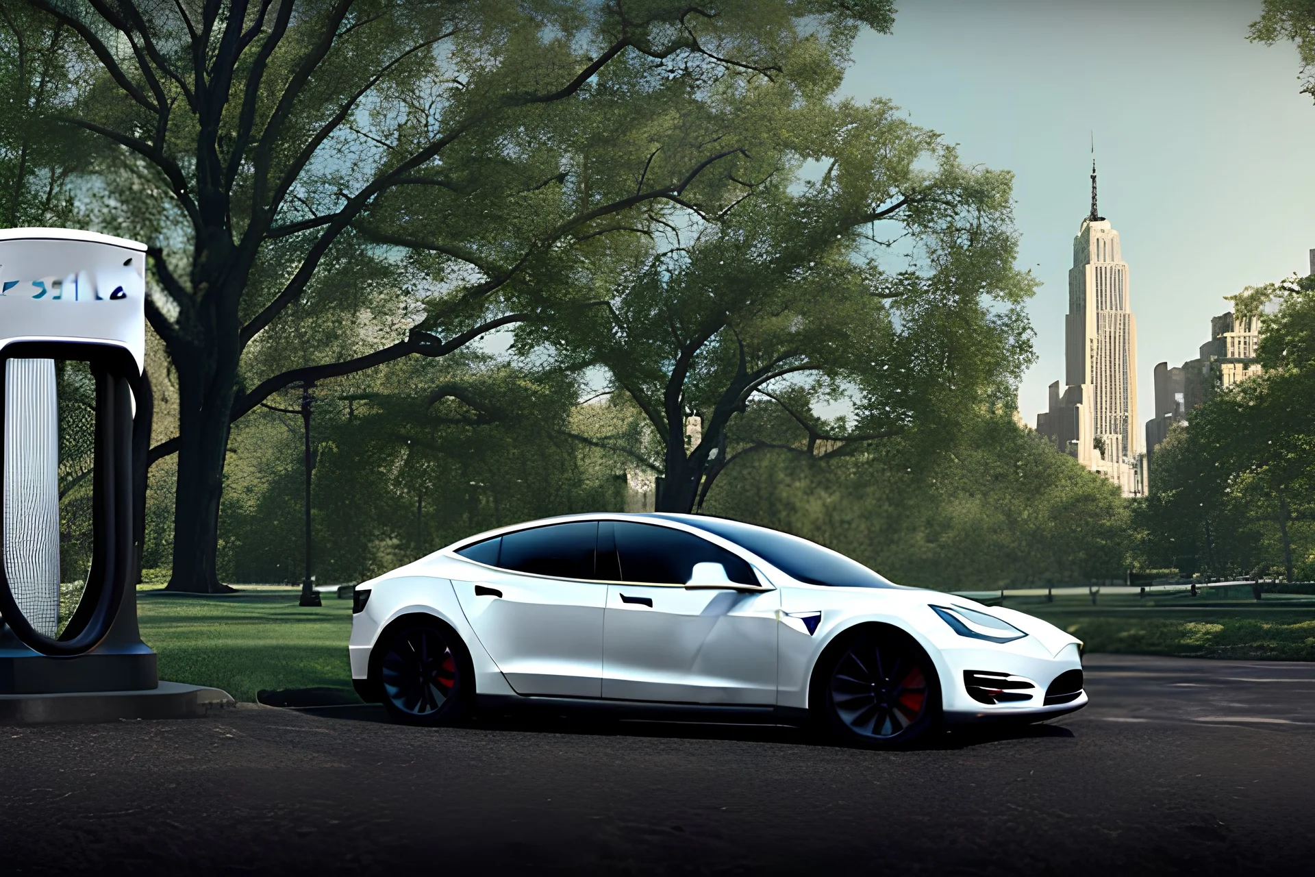 A Tesla 'Model S' is parked, in the 'Central Park' in New York City. (CINEMATIC, WIDE ANGLE LENS, PHOTO REAL)