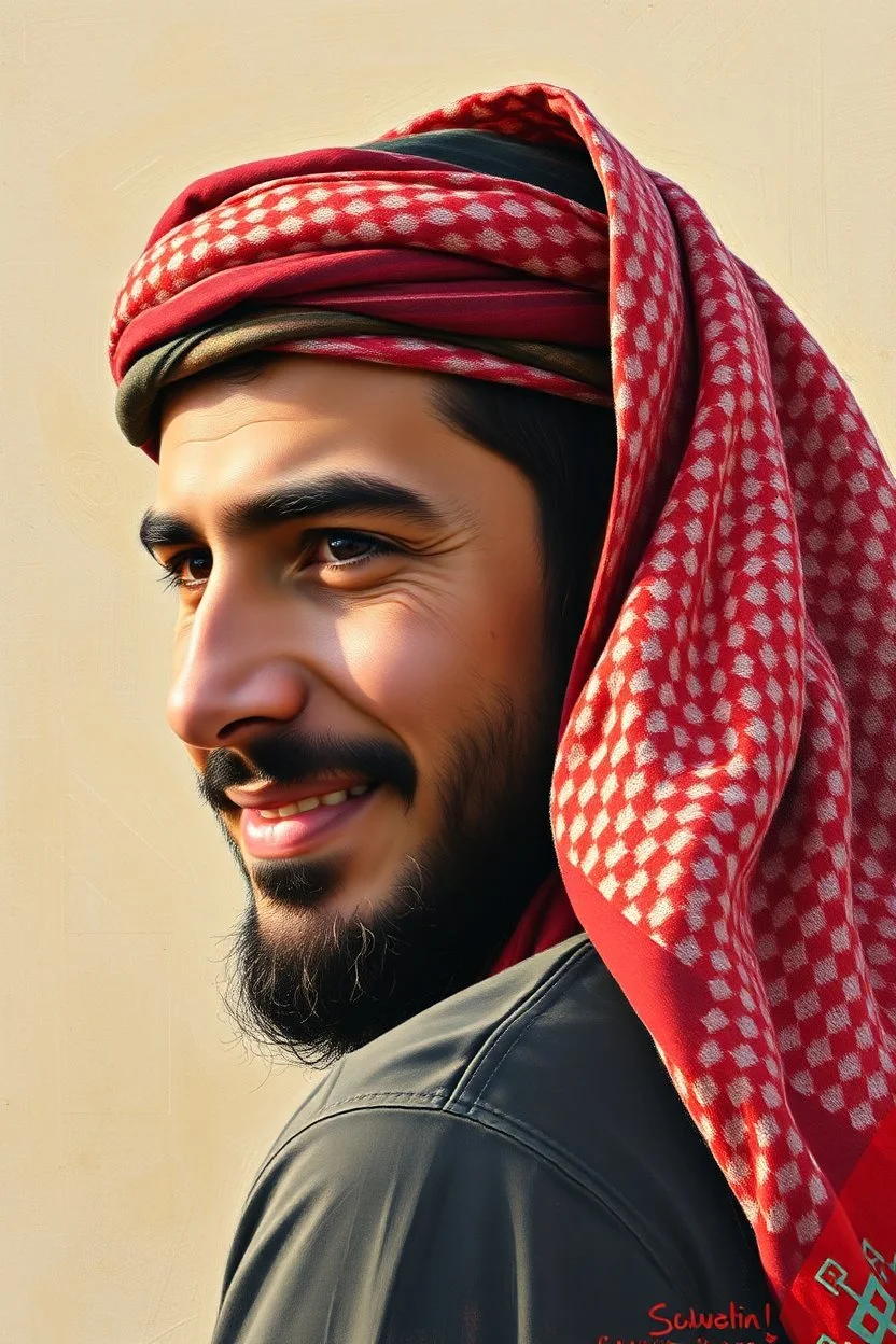 A young Palestinian man, forty years old, wearing a keffiyeh, has a beautiful face, turns his face to the right, has a slight smile, his mouth is closed and his teeth are not visible, his eyes are looking to the left, he appears to be drawn with oil paints