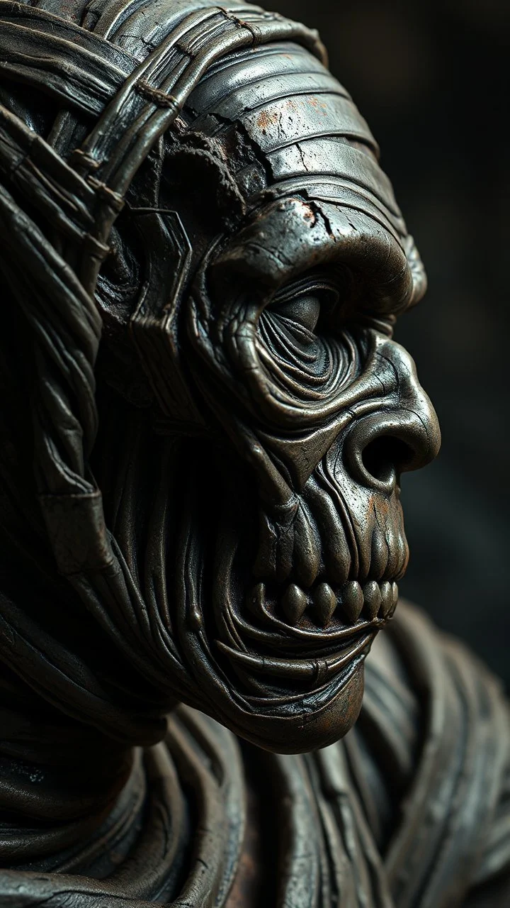 Busch painting style nightmare, a zoomed side view of the mummy by his face skin is a rusted broken metallic skin texture in a 3d rendering full-height image of a grim and dark scene. Ensure the final images exhibit the utmost quality, encompassing 4K, 8K, and 64K resolutions, with 3D rendering that manifests in photorealistic, hyperrealistic, and highly detailed representations. Employ techniques such as HDR, UHD,
