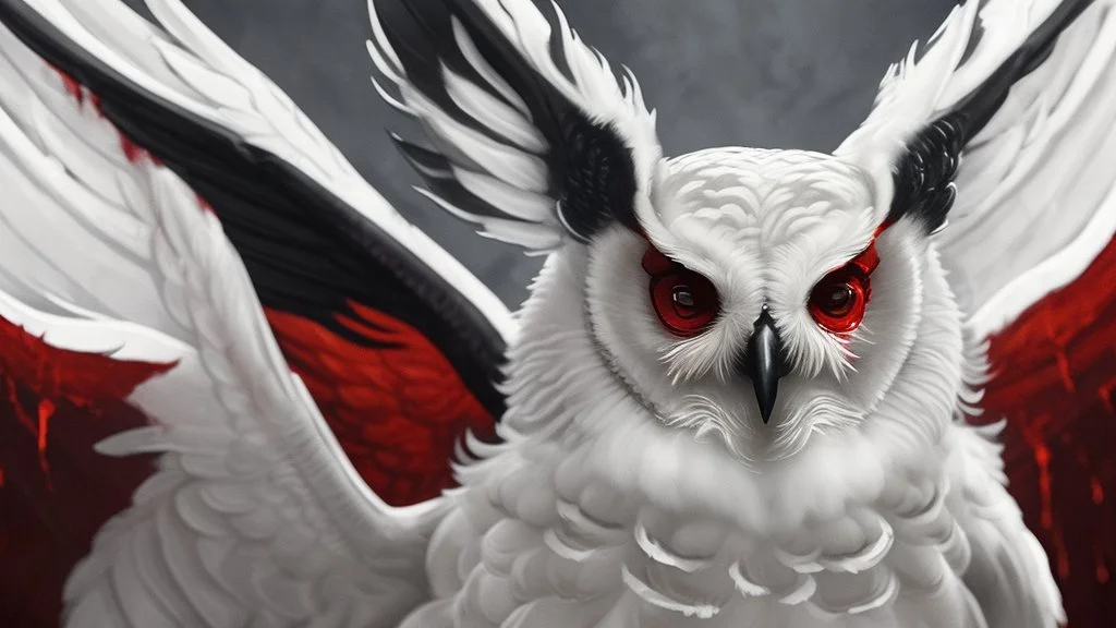 a white evil Owl with fangs, bloodshot eyes, blood, horror, that looks into the camera, hyperrealistic, extremely detailed, 8 THOUSANDS mystical, trending on artstation, sharp focus, studio photo,Halloween Alchemist , high voltage, thunder light,closeup, proactive scene, provocative moving, action pose, modern and futuristic HD colored black and red decor beautiful black empty in a high voltage pumpkin, double exposure, halo, perfect composition, highly detailed,