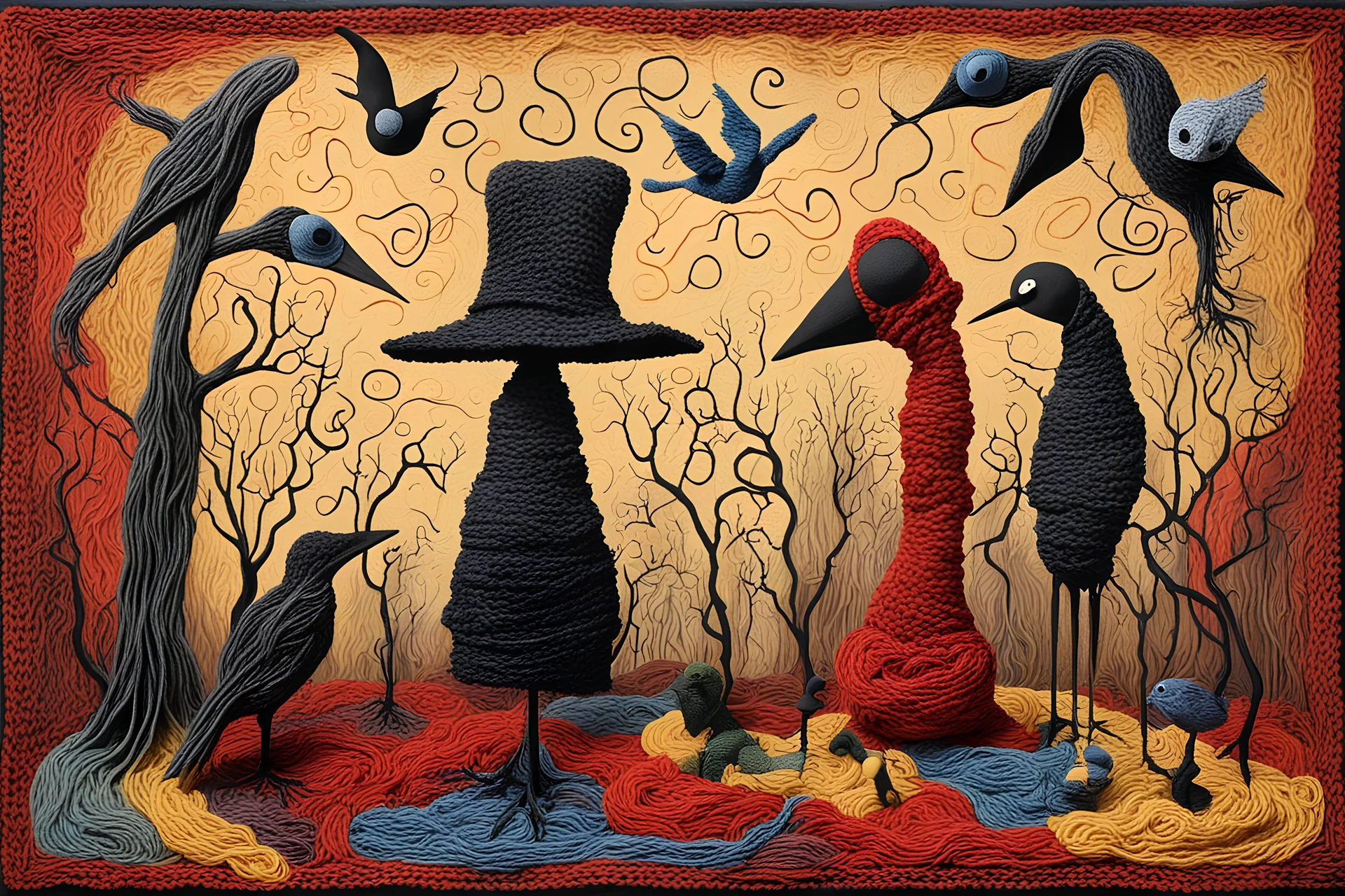 Horror surreal composition by Joan Miro and Salvador Dali, Abstract yarn art Plague Doctor feeding birds, surreal 3D abstract crochet art, heavy yarn textures, absurd knitted absurdities, weirdcore, Dada movement abstract art