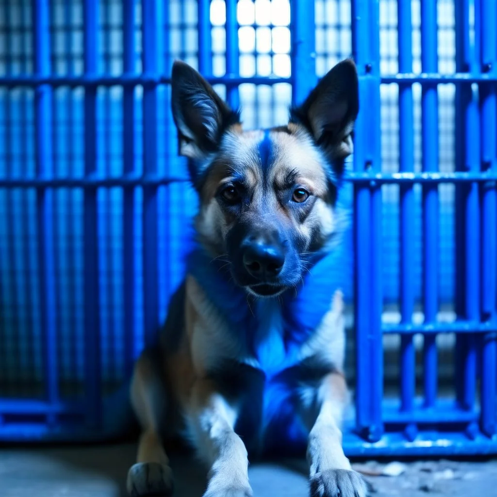 a blue dog in the prison crying