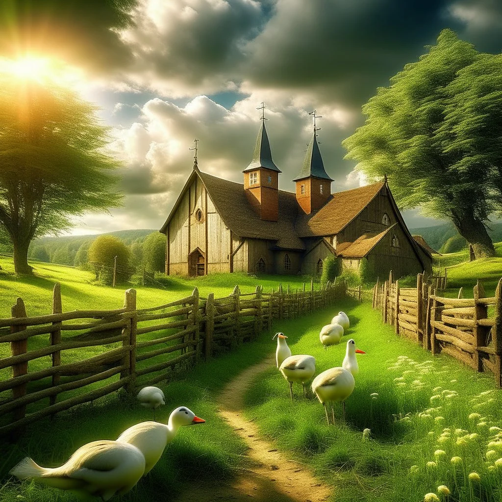 Prompt: create a realistic image: "A picturesque, rural village with an old church and a traditional half-timbered house on a gentle hill. The scene features a rustic wooden fence in the foreground framing a green meadow with white geese. The sky is dramatic with large, white clouds, and rays of sunlight break through to bathe the landscape in a warm glow. The path leading to the church and house is interspersed with grass and earth, giving the scene an idyllic and nostalgic atmosphere. Style in