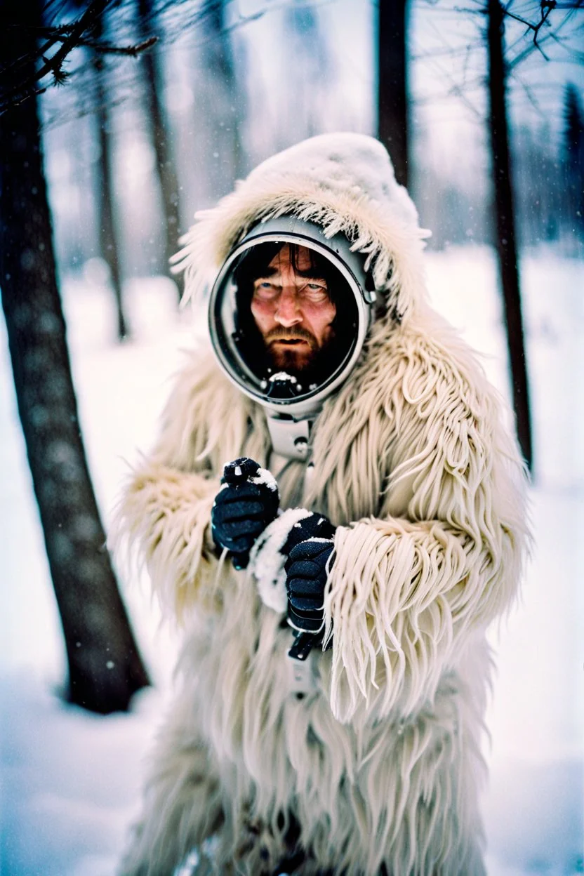 close up documentary photography, National Geographic, Yeti, weird, Dystopian, Japanese, Extreme depth of field, bokeh blur, winter, blizzard, Alberta, all-natural, in the style of candid, imperfection, natural lighting, light-focused, Professional shot, shot on Agfa, Fuji Film, Anamorphic lens, 1980s, taken with Hasselblad --ar 4:5 --w 150 --style raw