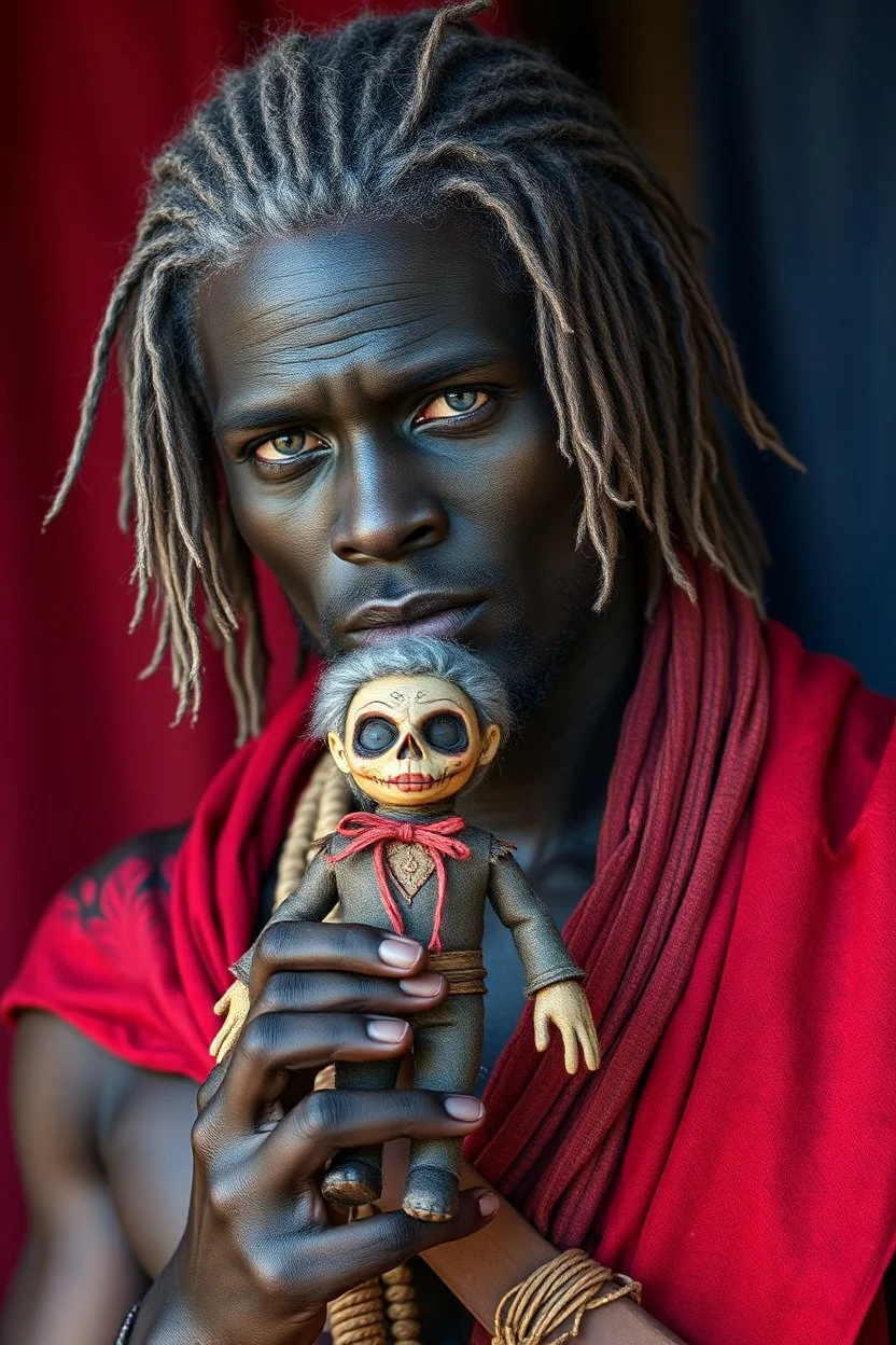 beautiful black skin warrior man gray hair holding a voodoo doll looks like a small Scarface