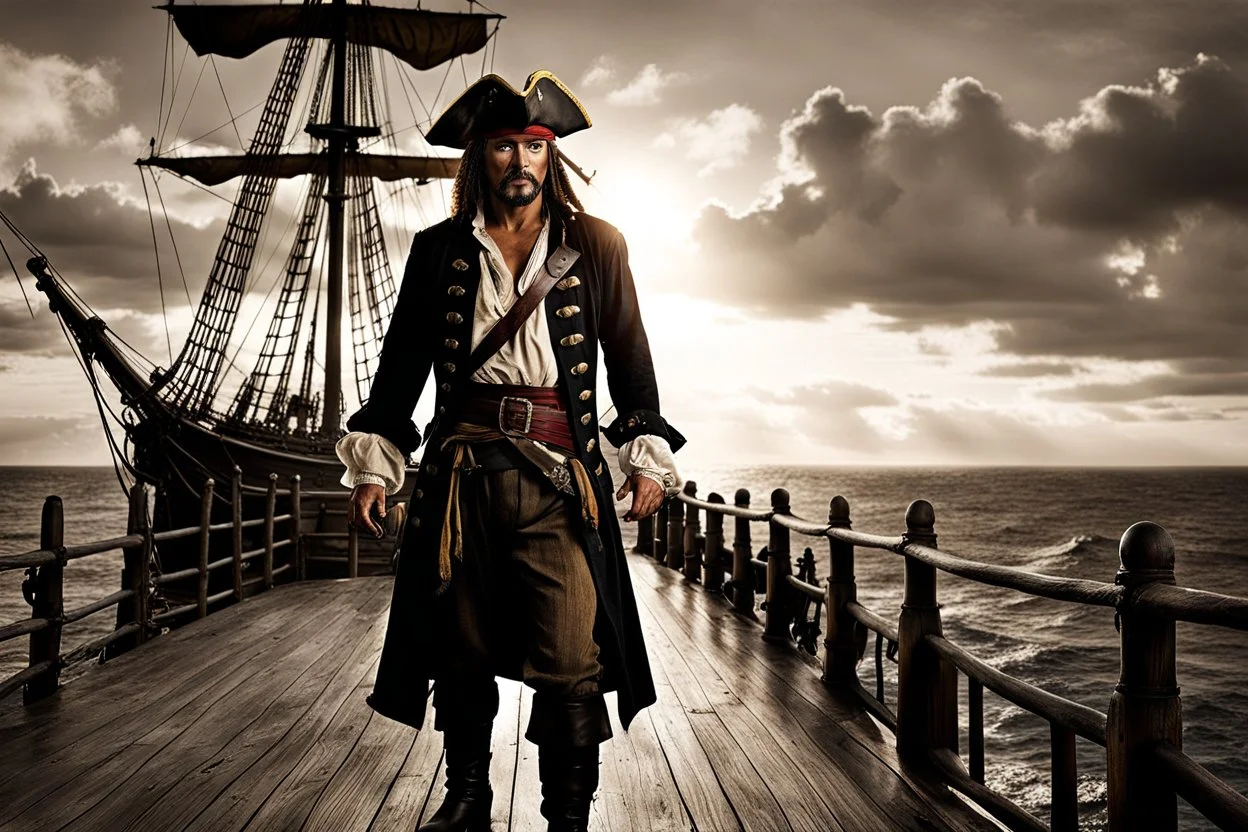 Pirate stands defiantly on a creaking wooden pirate ship deck, ocean horizon stretching behind, tattered sails billowing in the brisk sea wind, sunset casting an amber glow over the scene, high contrast, sharp textures, dramatic lighting, digital painting, crepy stunning, film noir