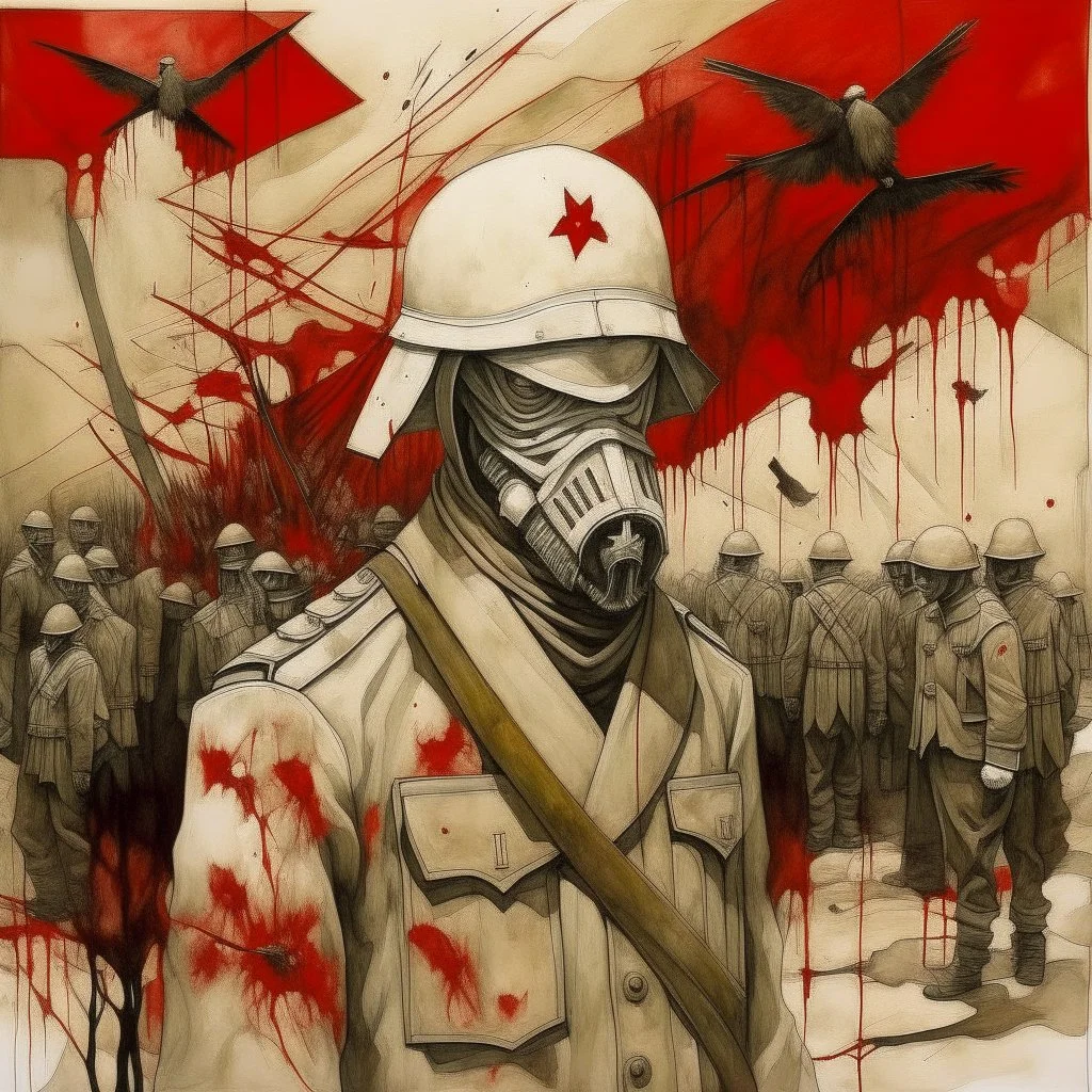 Sacred geMake a creation exploring the lyrics "No Man's Land The countless white crosses stand mute in the sand, To man's blind indifference to his fellow man" as a moody World War I memorial composition. Watercolor and ink painting, dynamic composition, double exposure solder with antique WW I gas mask with fiery text "1914" on helmet, dramatic red sky, dramatic, dynamic composition