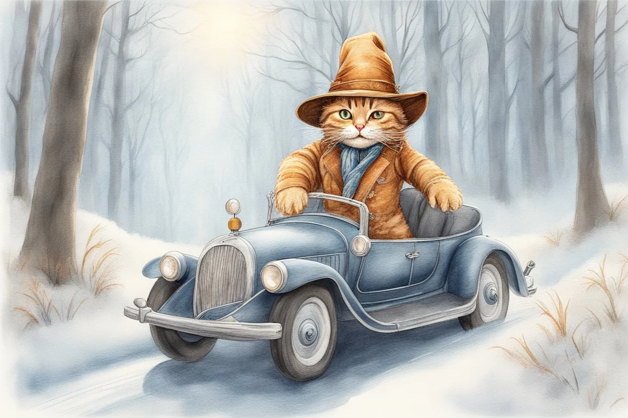 Cute little happy cat scarecrow riding a luxury car, forest path background, winter, snowflakes swirling, waterfall, reflection, mist, sunrise, smooth intricate photorealistic hyperrealistic high definition beautiful lighting pencil sketch watercolor dramatic lighting storybook illustration polished Deep shadows deep color warm light shiny glitters