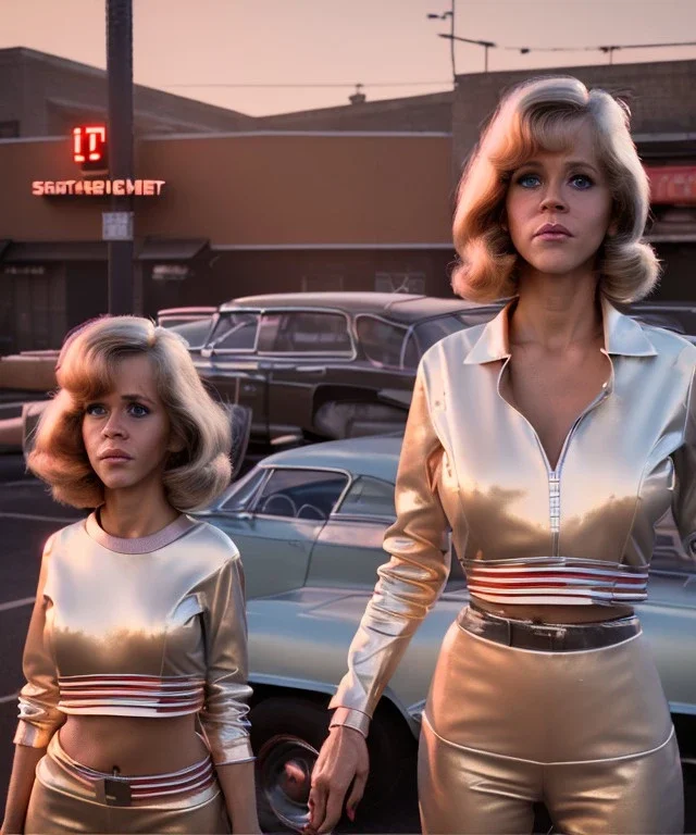 Ultra Realistic retro sci-fi movie Supermarket parking scene, 1960 year, waist up view portrait, 2 clones blonde women, sweet teenager Jane Fonda face, perfect iris, glow eyes, face makeup, tight latex coat, a lot of people, Retro sci-fi style, soft color, highly detailed, unreal engine 5, ray tracing, RTX, lumen lighting, ultra detail, volumetric lighting, 3d, finely drawn, high definition, high resolution.