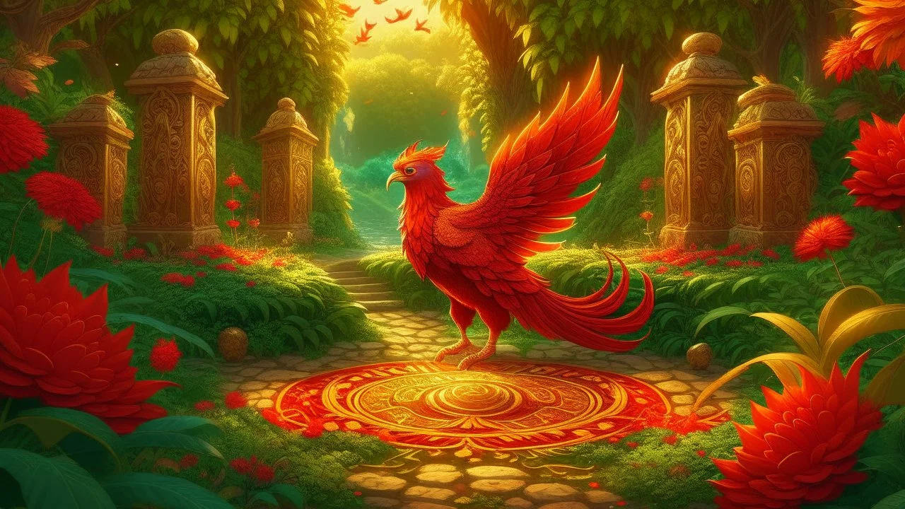 Magical slavic garden with lush greenery and a beautiful stone winding path. There is only one creature the Firebird. The feathers of the Firebird are vibrant red, orange, and gold, each one glowing with an otherworldly brilliance.