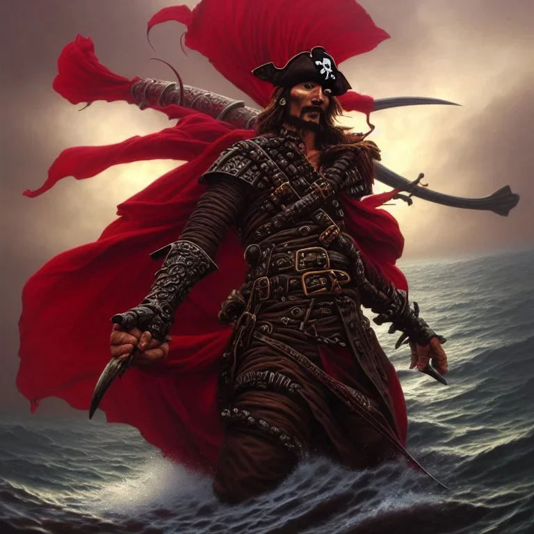 a pirate warrior in dark red and black full battle armor, a highly detailed illustration, background of giant crashing ocean waves, realistic render, 8 k, micro detail, intricate, elegant, centered, digital painting, Artstation, smooth, sharp focus, illustration, artgerm, tomasz alen kopera, peter mohrbacher, donato giancola, joseph christian leyendecker, wlop, boris vallejo