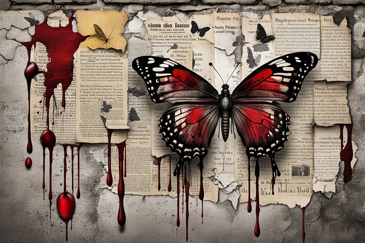 a bleeding black velvet butterfly is pinned to an old, dirty wall with a large shiny nail, red blood flows from the butterfly's wings and body, next to it on the wall are old, yellowed, cut-out newspaper articles about missing children, dirty fingerprints and drops of blood on the cracked, old gray-white wall , intricate details, sharp focus, cinematic, surreal, hauntingly beautiful, perfect composition