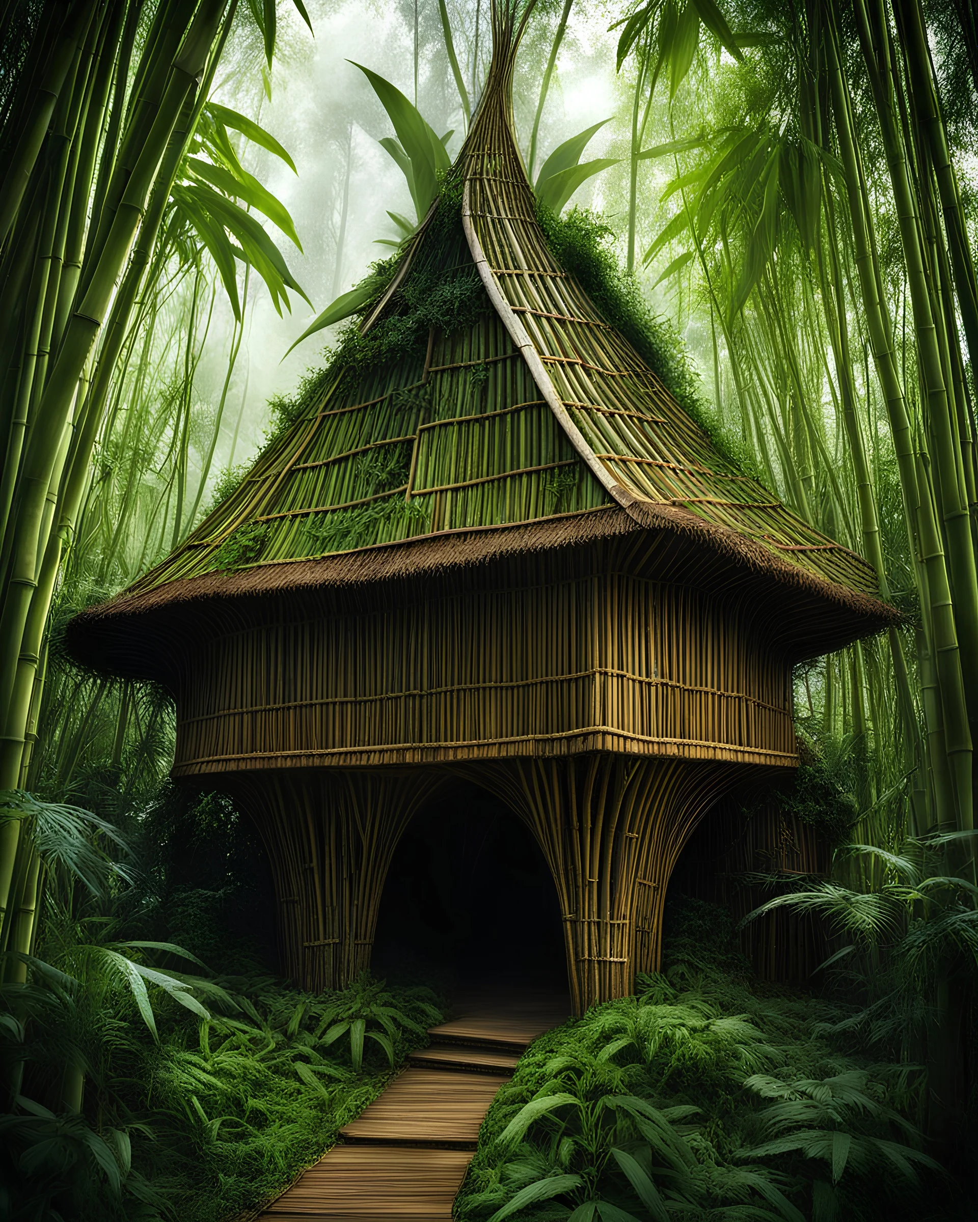 photo of a elvish ibuku bamboo house in sharma springs in the style of alan lee john howe gustave doré giger beksinski phillipe druilett enki bilal, biomechanoid building made of bamboo wood and leaves.