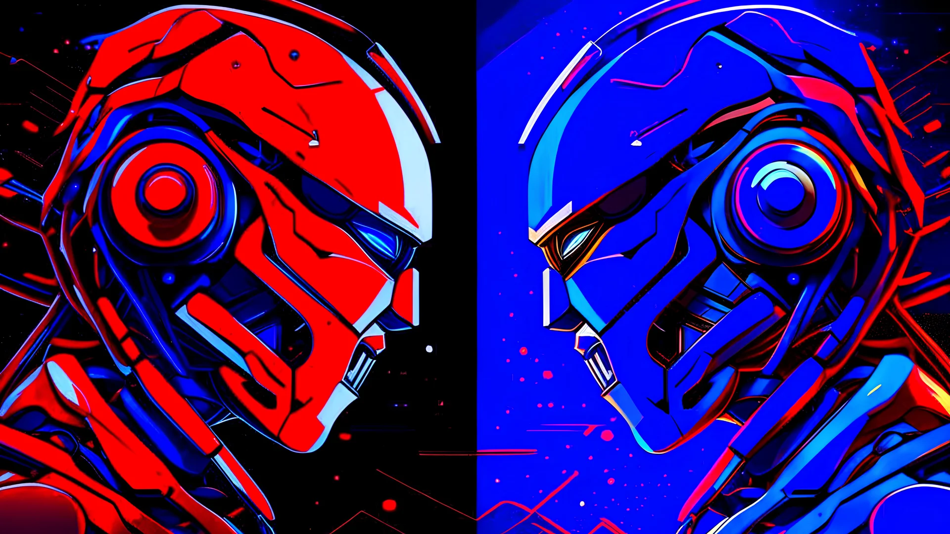 a cyber tech wallpaper that is red on the left and blue on the right, versus and fight