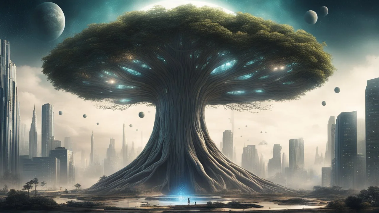 the last tree, city of the future year 3222, big portal to space