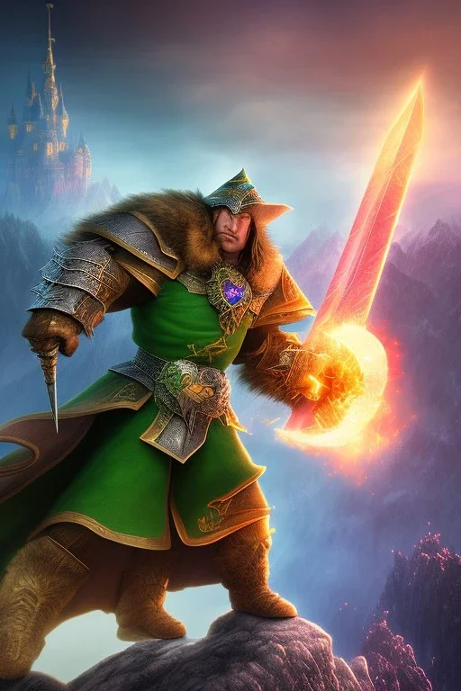 Powerful wizard using green magic, wearing dark cloak, fighting big stone monster, castle on mountains in background