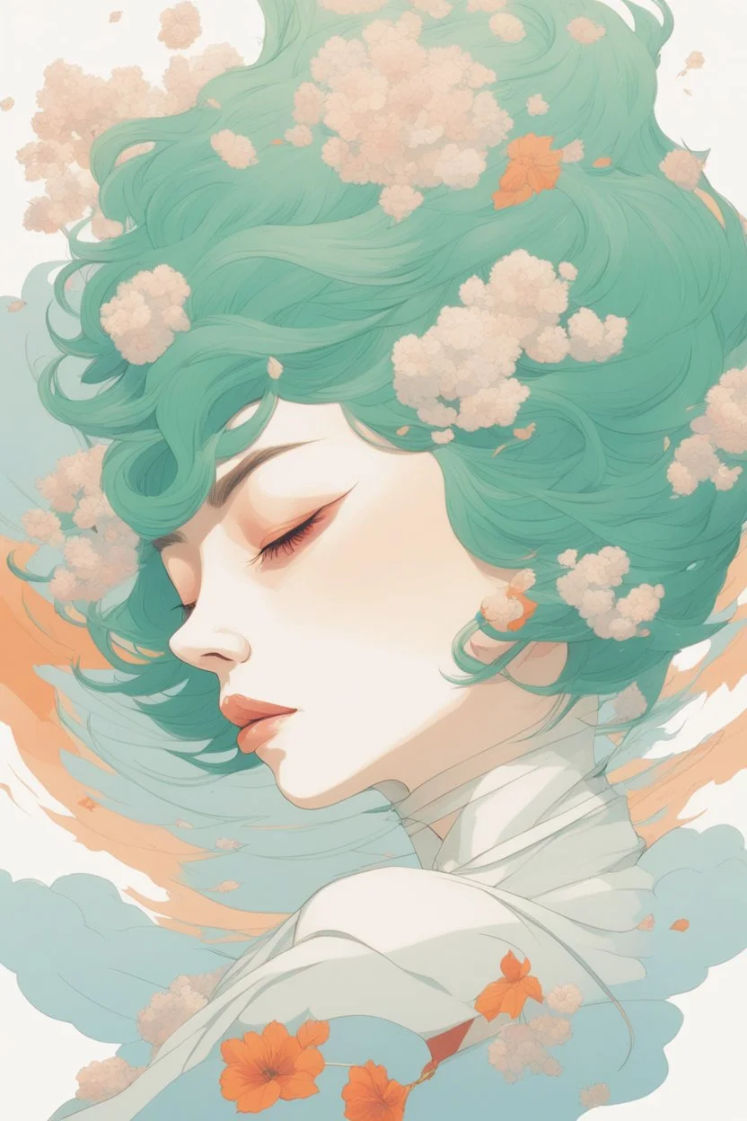 wind blowing from below, portrait of beautiful woman with short green hair, tears flowing upwards into the sky, loose lines, flowers, smoke, pastel orange and pastel blue, sense of liberation, concept art, art by james jean, takato yamamoto, 4k, concept art, illustrative