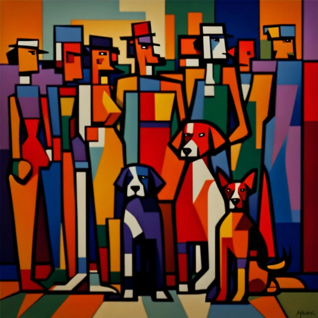 Cubist painting of humans and dogs standing next to each other in different colors and sizes, Cubist painting by Kees Maks, featured on dribble, informal art, cubism, picasso, art on instagram